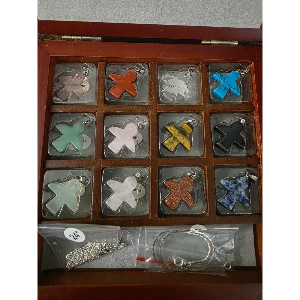 Gemstone Cross Pendant Collection 12 Piece Set with Wood Box Chain and Bracelet